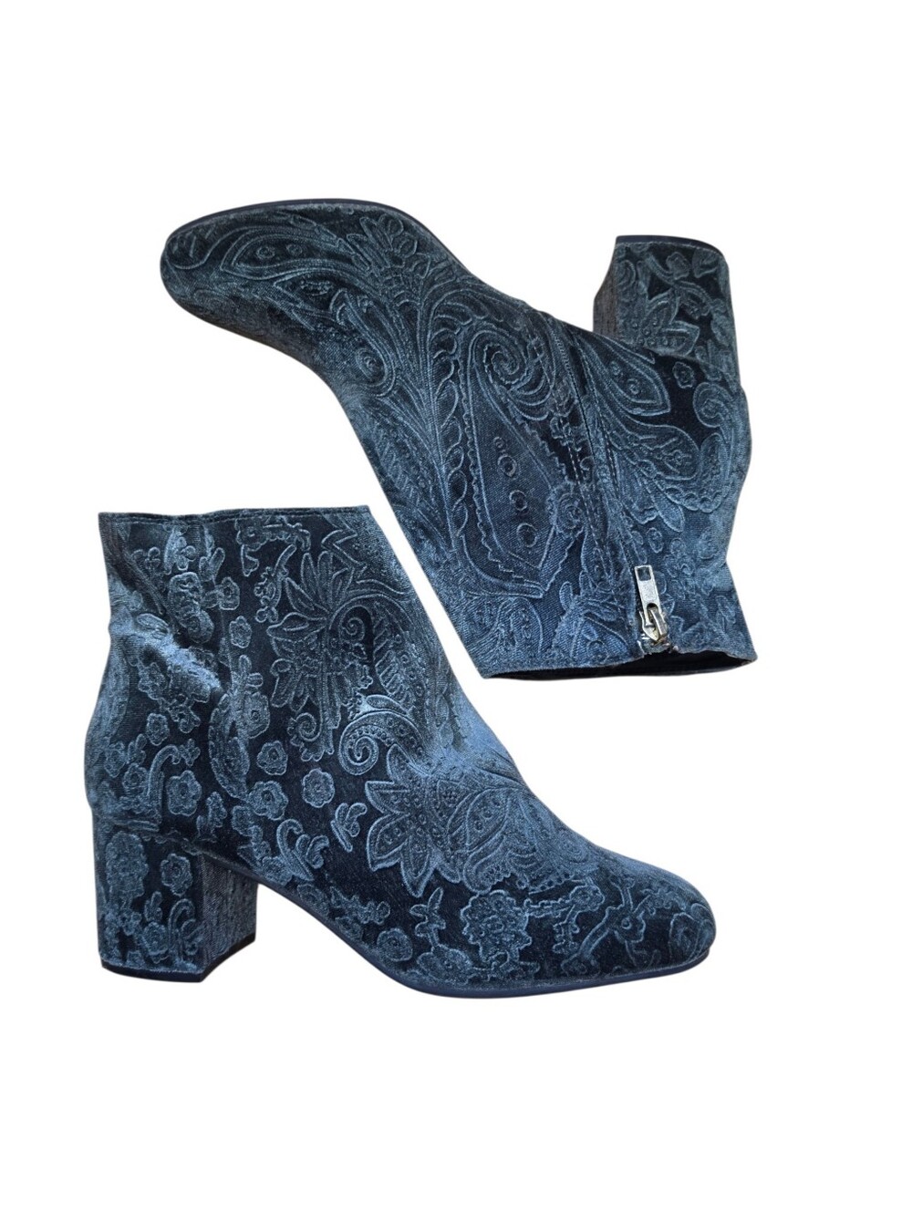 Zigi Soho Nydia Green Teal Velvet Floral Paisley Ankle Boots Block Heel 10